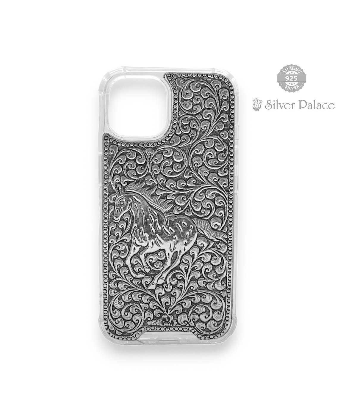 925 STERLING SILVER HORSE DESIGN IPHONE 15 CASE FOR MOBILE