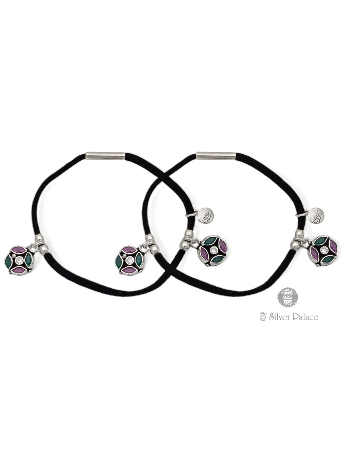 925 STERLING SILVER PINK AND GREEN STONE THREAD ANKLETS FOR LADIES 