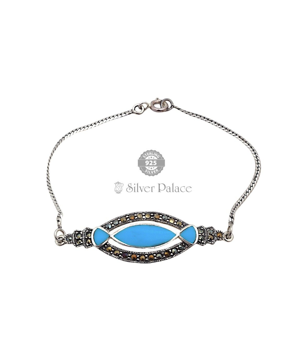 92.5 Silver Marcasite Blue Turquoise Bracelet For Girls