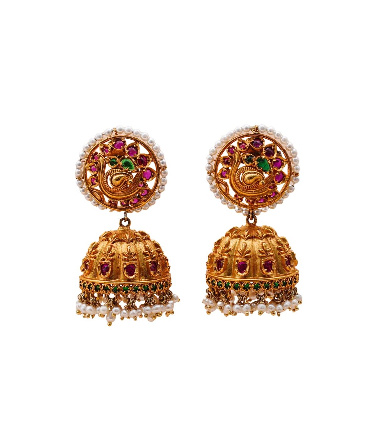 92.5 SILVER GOLD POLISHED GREEN AND PINK STONE STUDDED JHUMKI WITH WHITE BEADS