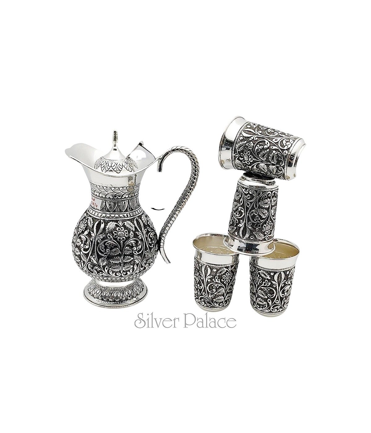 OXIDISED SILVER INTRICATE FLORAL DESIGN WATER MUG AND TUMBLERS