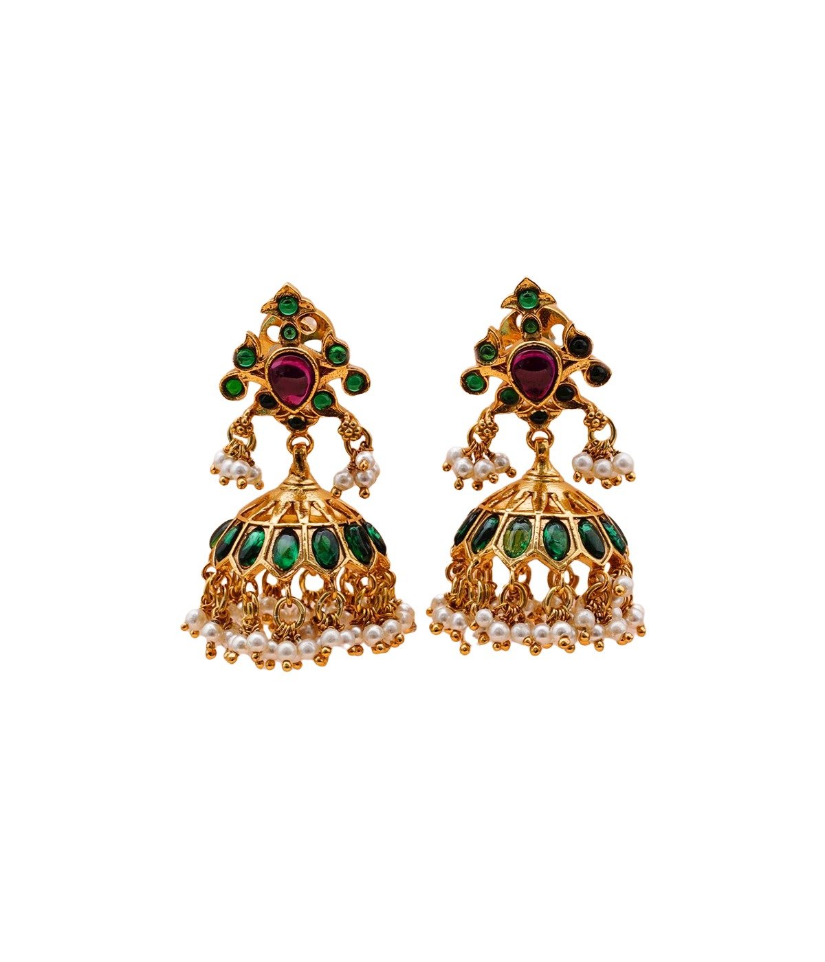 92.5 GOLD POLISHED GREEN AND PINK STONE DESIGN JHUMKHI