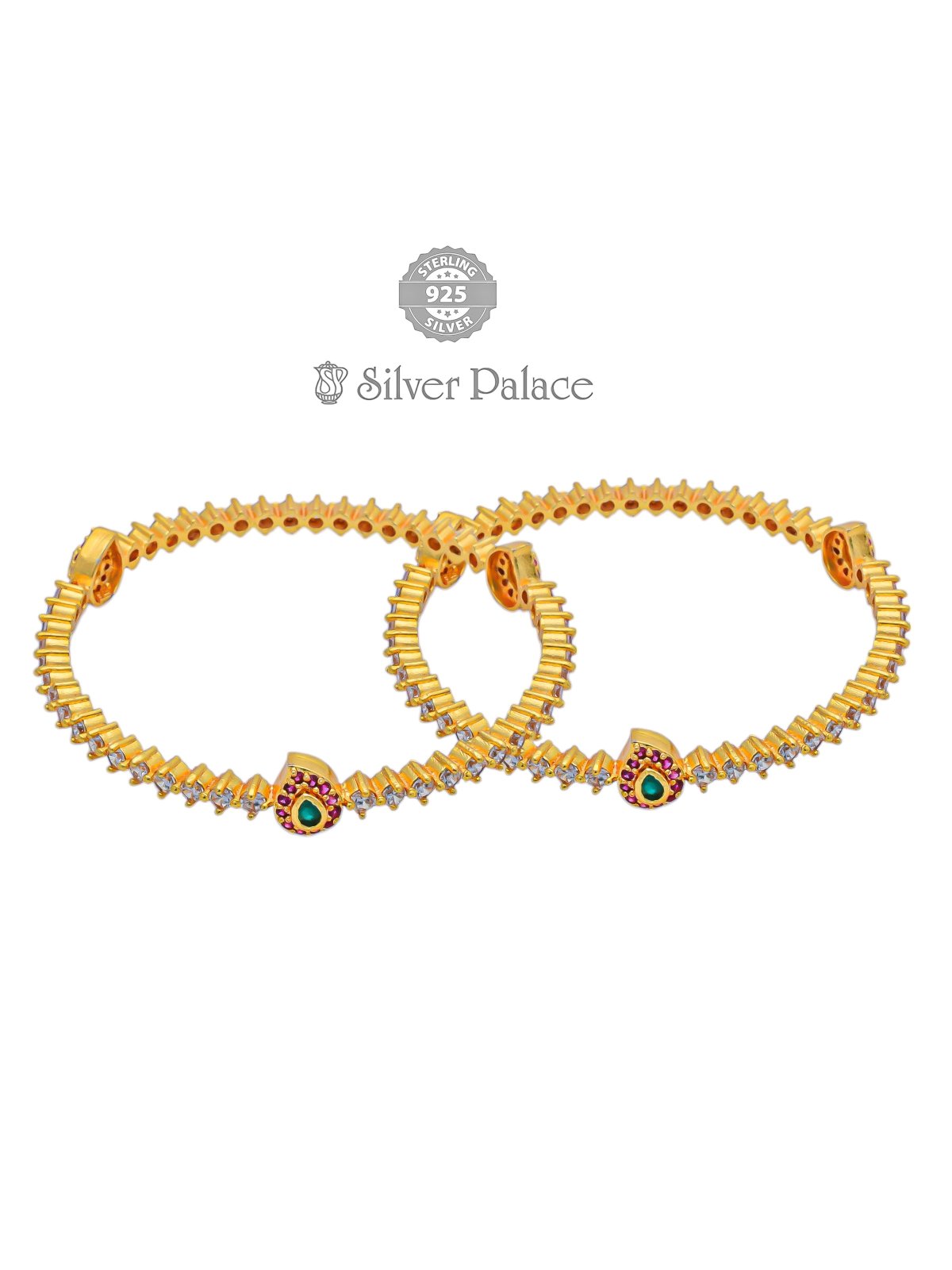 92.5 STERLING SILVER GOLD POLISHED LEAF AND STONES DESIGN BANGLES FOR GIRLS ANITE COLLECTION 