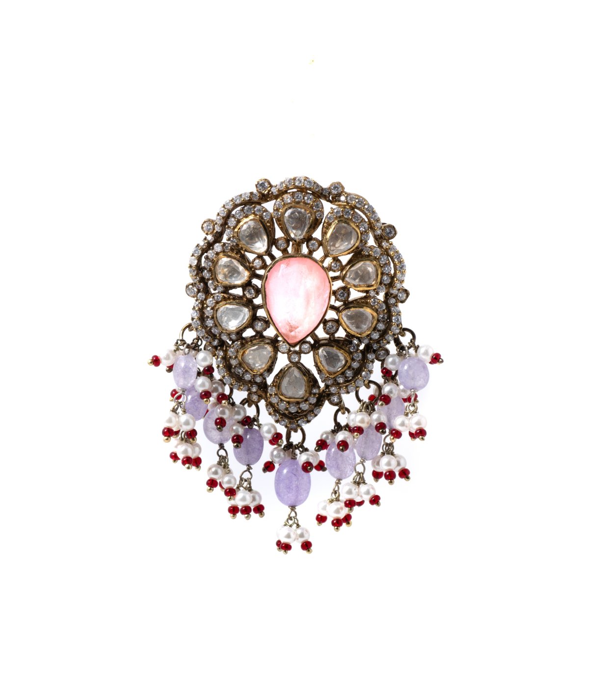 925 OXIDISED  TRADITIONAL VICTORIAN WITH PINK KUNDAN AND PUMPKIN DROP PENDANT  
