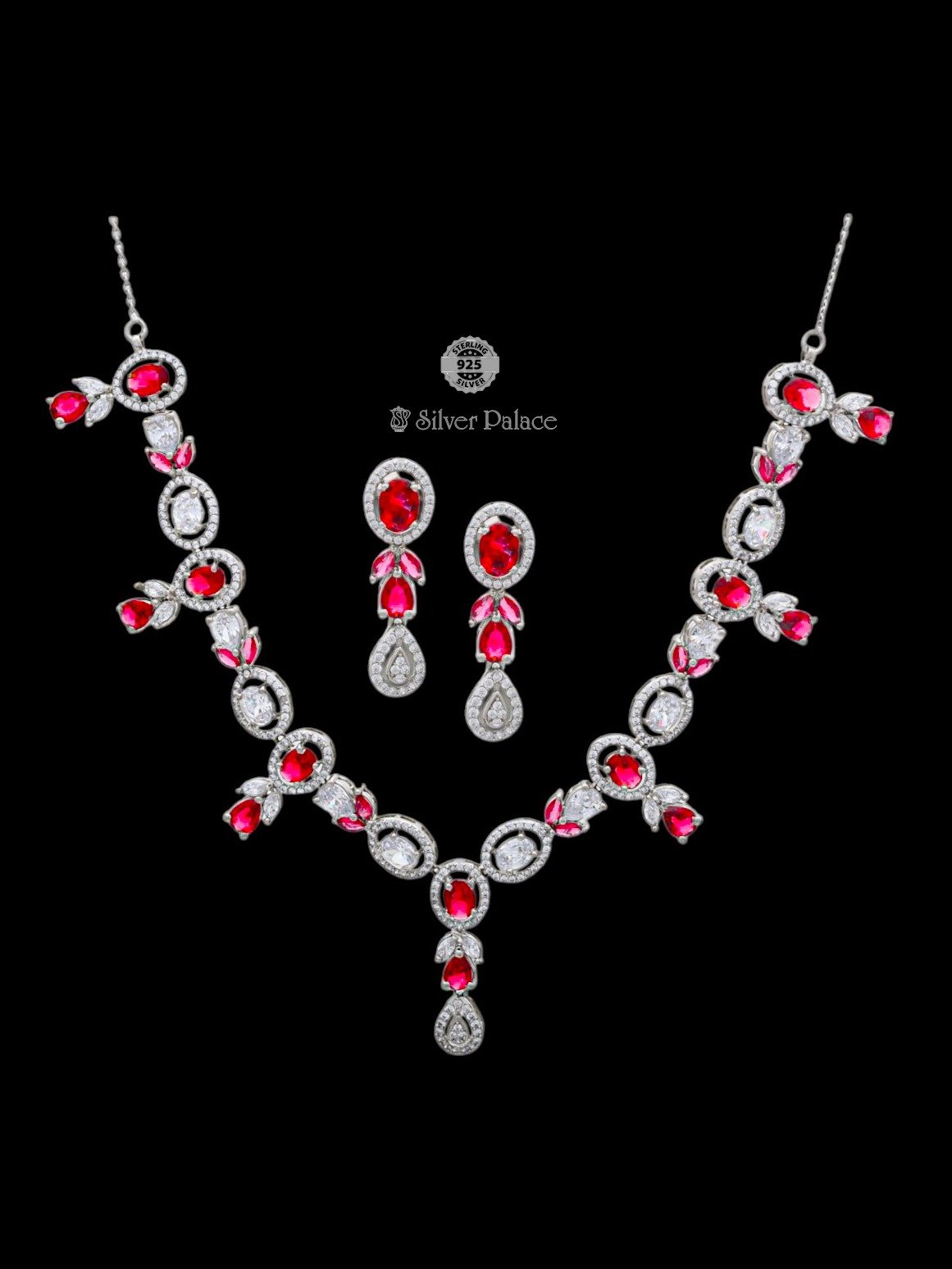 92.5 STERLING SILVER RED STONE ZIRCON NECKLACE FOR BRIDE WITH STUDS PUYA COLLECTION