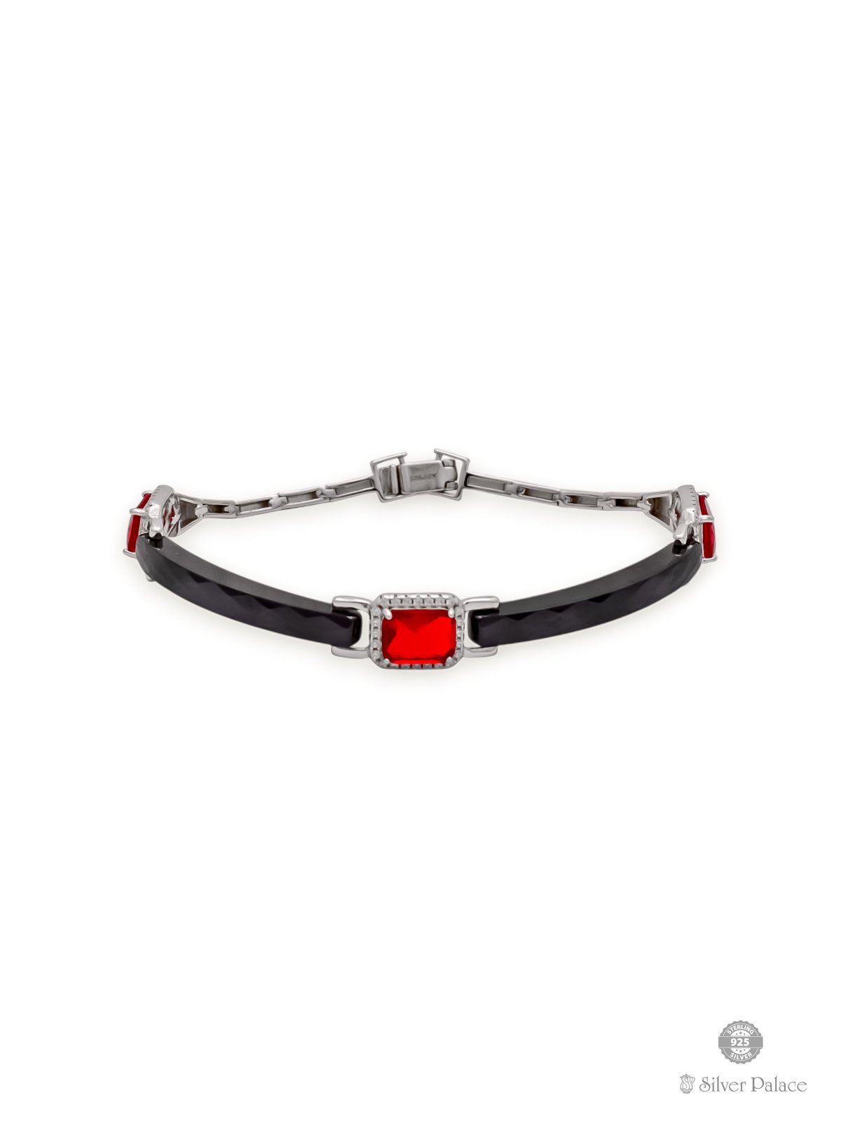 925 STERLING SILVER RED STONE WITH BLACK BAND BRACELET FOR LADIES PRITTI COLLECTION 