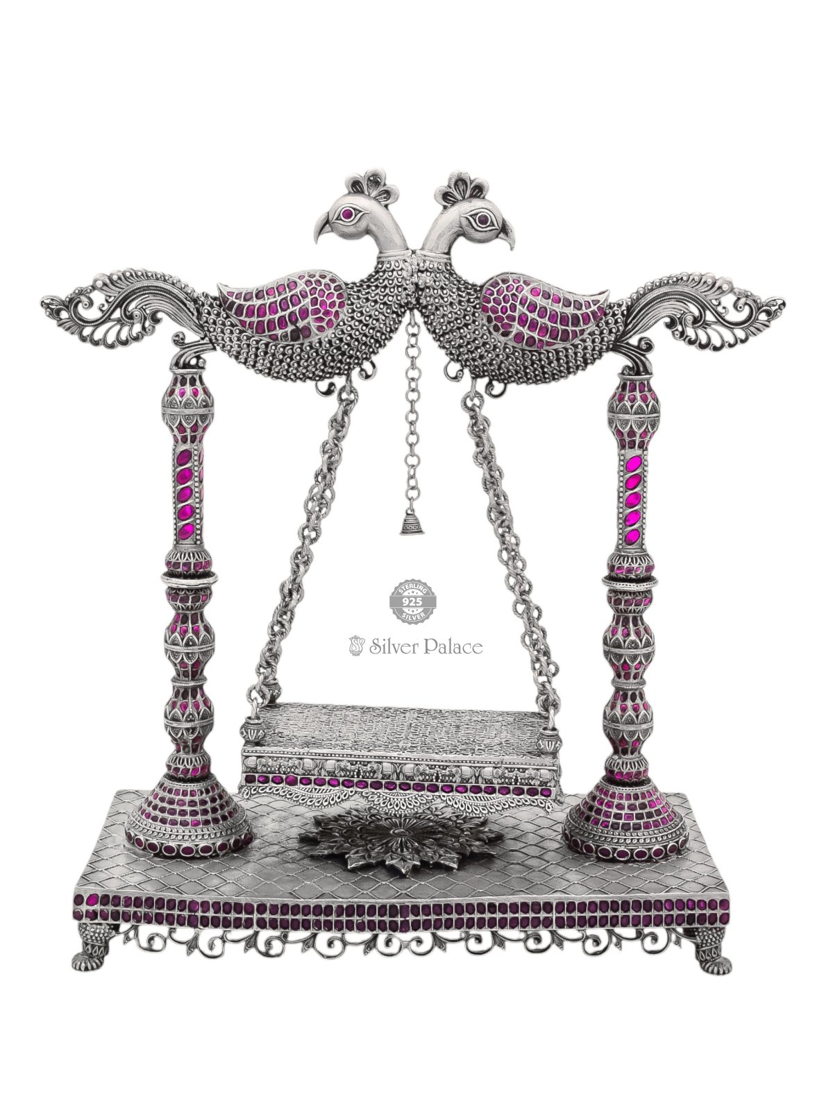 925 ANTIC SILVER CRADLE WITH PINK CUT STONES FOR POOJA DECORATIONS 