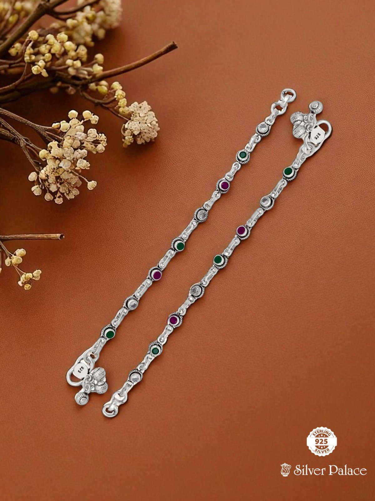 925 OXIDISED SILVER MULTI COLOR CUT STONE ANKLETS FOR KIDS