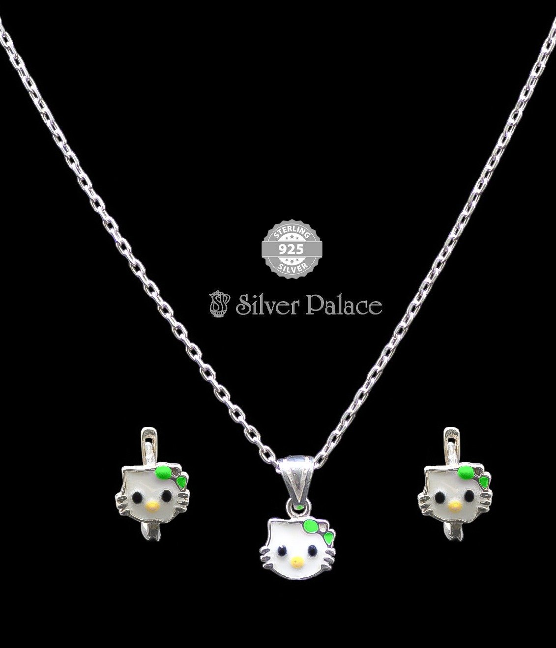 92.5 Silver Aara Collections Hello Kitty Crystal & Enamel Pendant With Earring  For Girls & Boys