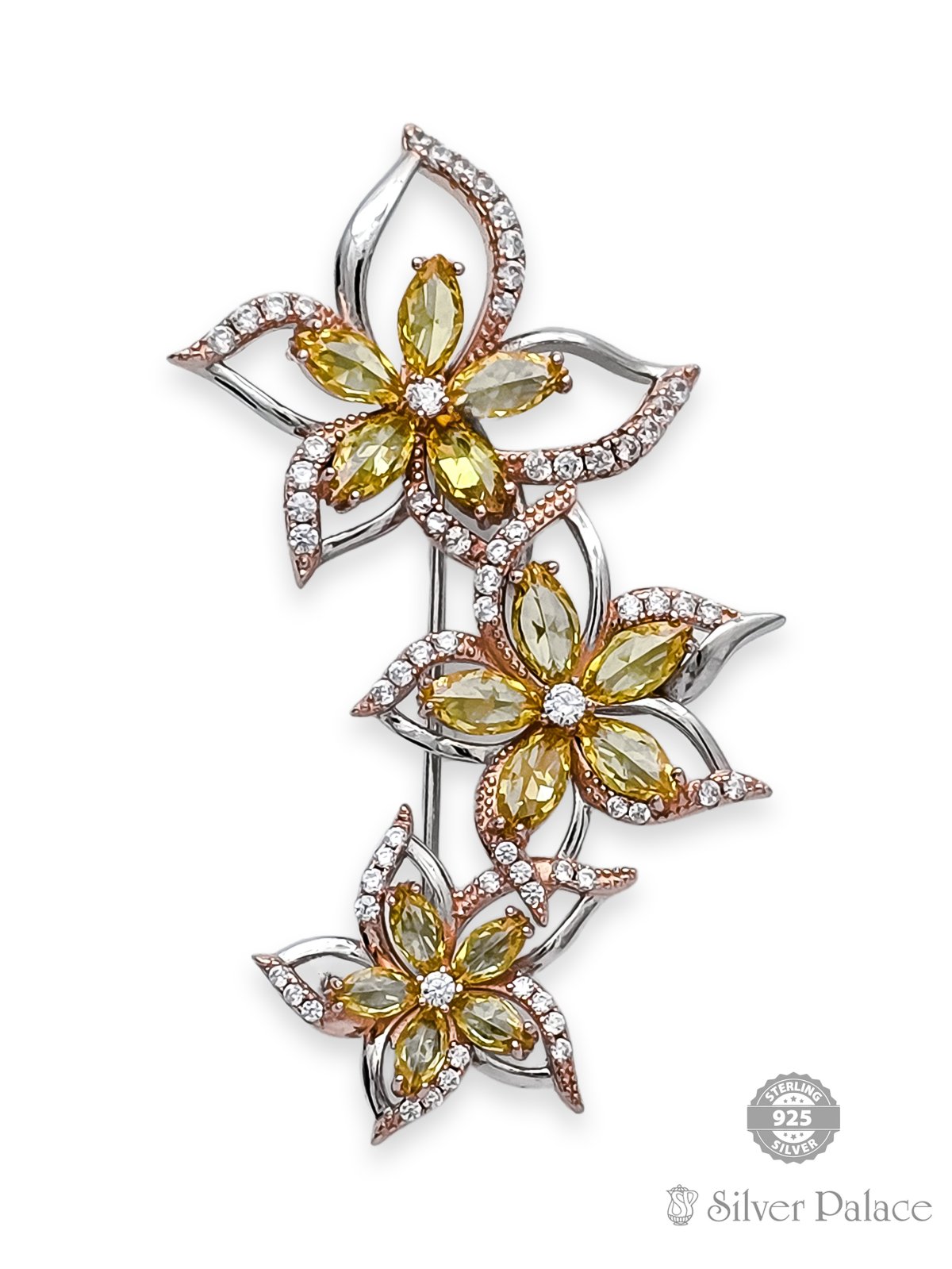 925 STERLING SILVER FLORAL DESIGN WITH COLORFULL STONE BROOCH FOR GIRLS 
