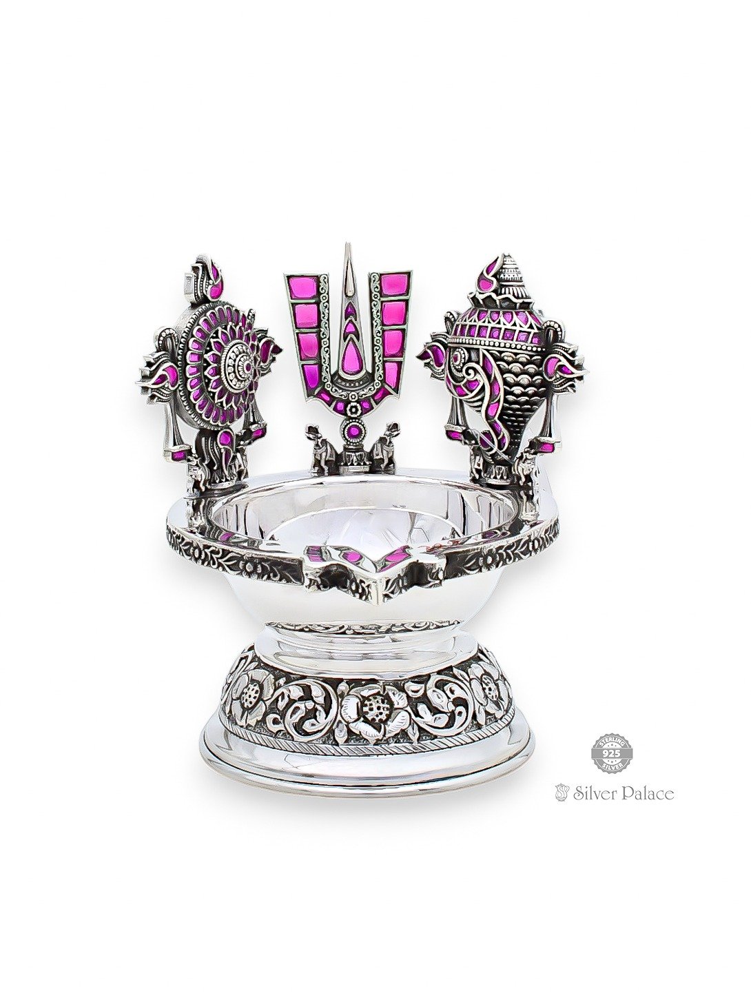 925 ANTIC SILVER SANGU, SAKKARAM, NAMAM WITH PINK STONE LAMP FOR POOJA ROOM 