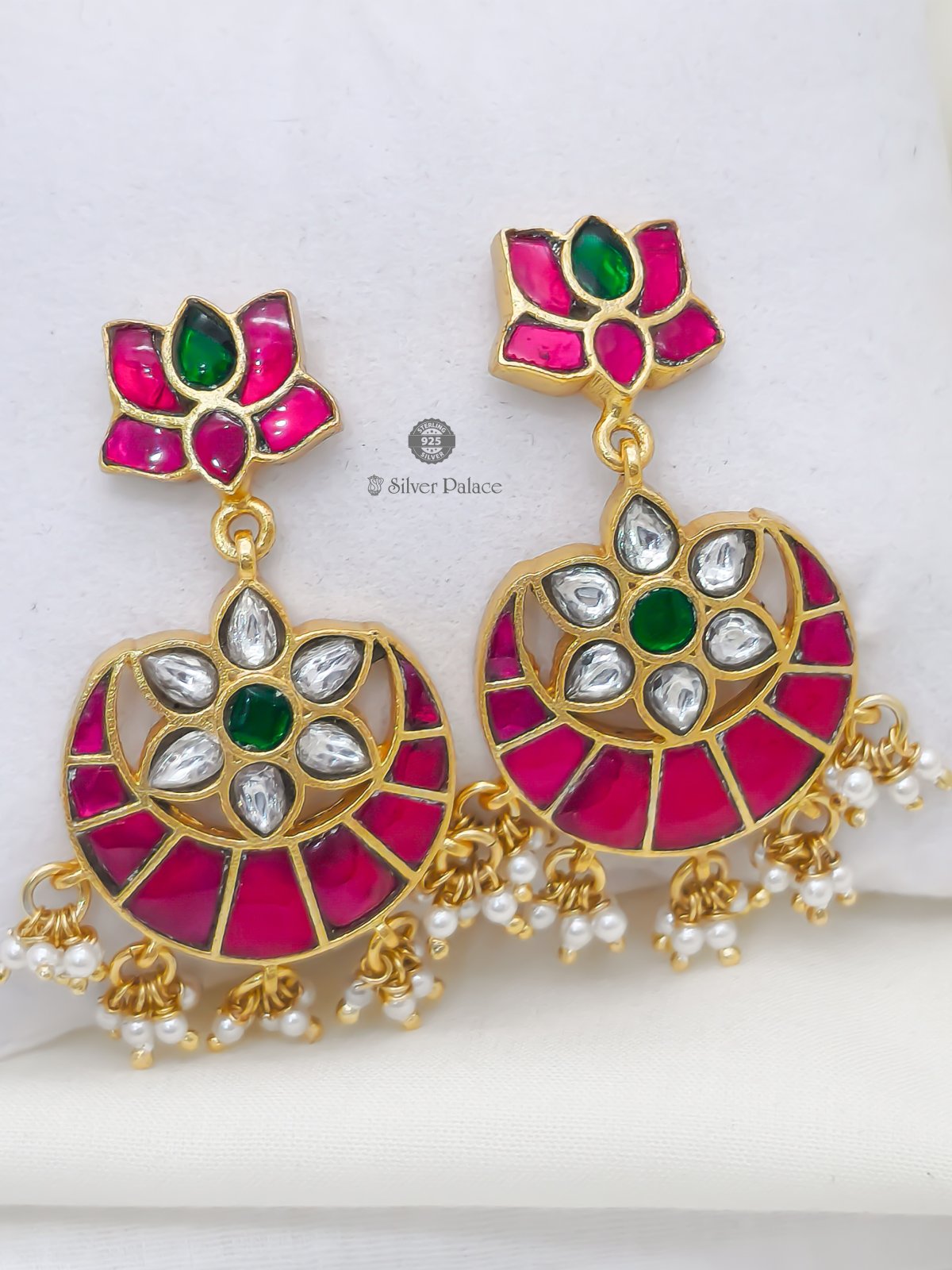 925 Sterling Silver Anite Collection Gold Polished lotus with moon Earing For ladies