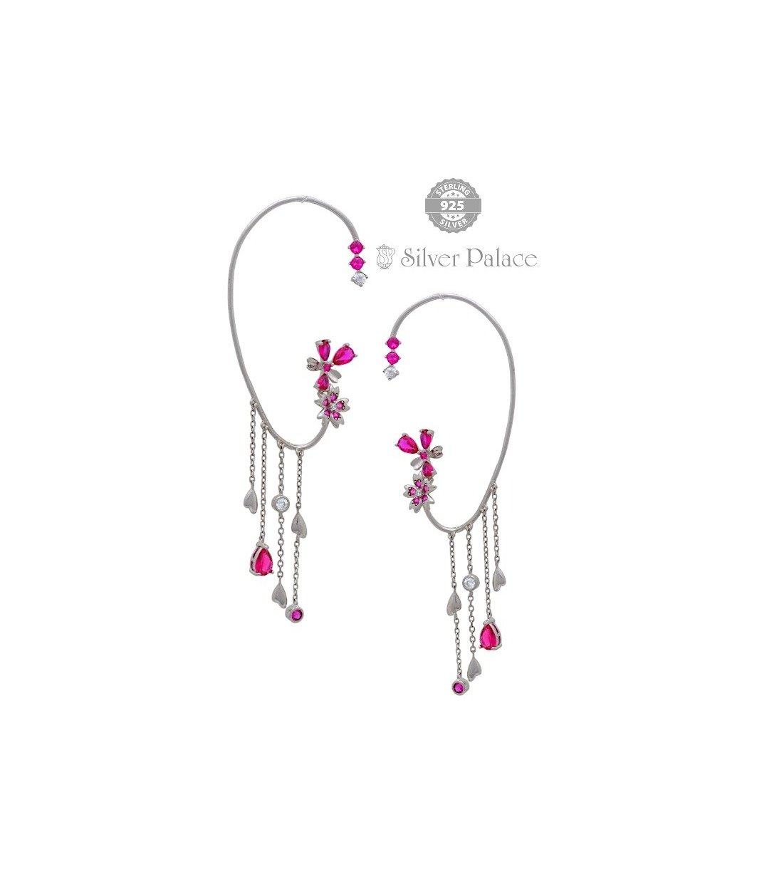 92.5 Pure Silver Pink Rose Bridal Cuff Earrings For Girls