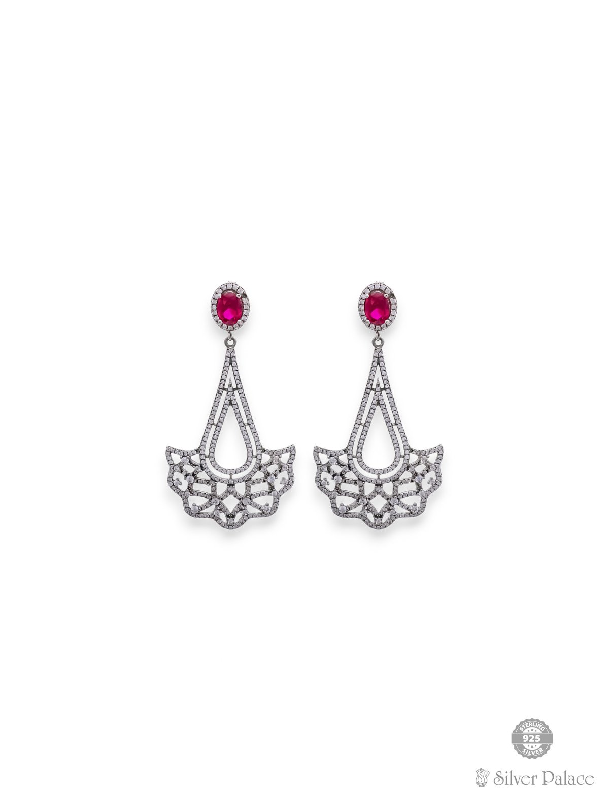 925 SILVER RED STONE WITH HANGING CZ STONES EARRING FOR GIRLS PUYA COLLECTION 