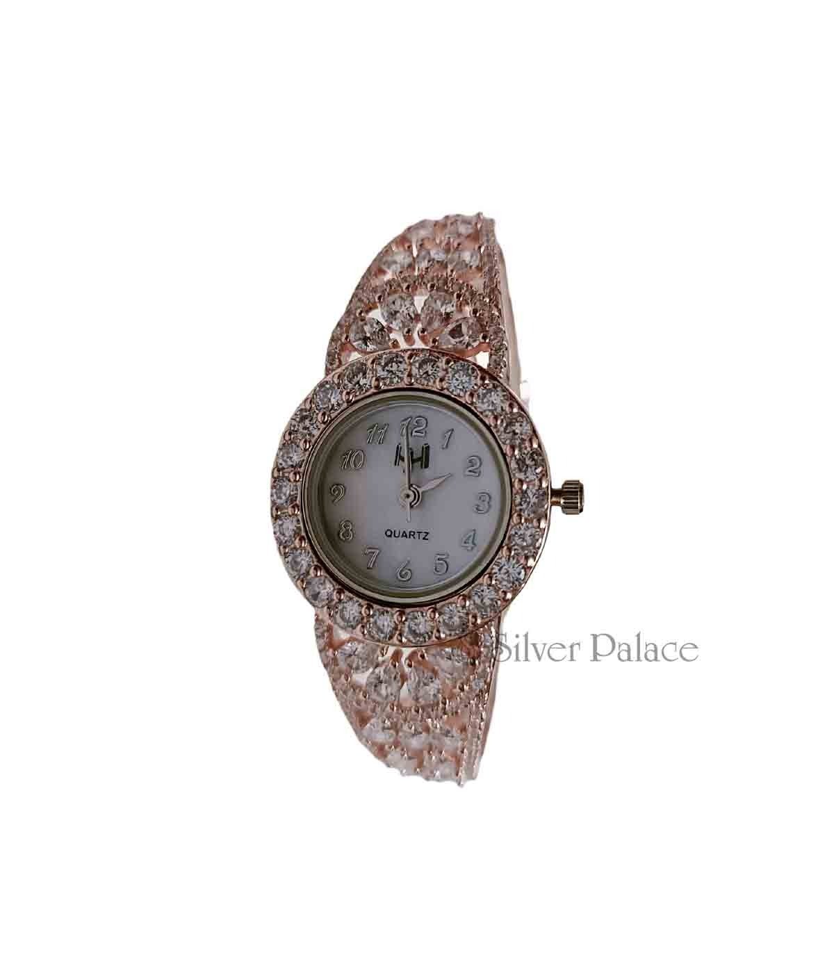 92.5 STERLING SILVER GOLD STRAP CUBIC ZIRCONIA STONE STUDED WATCH FOR GIRLS