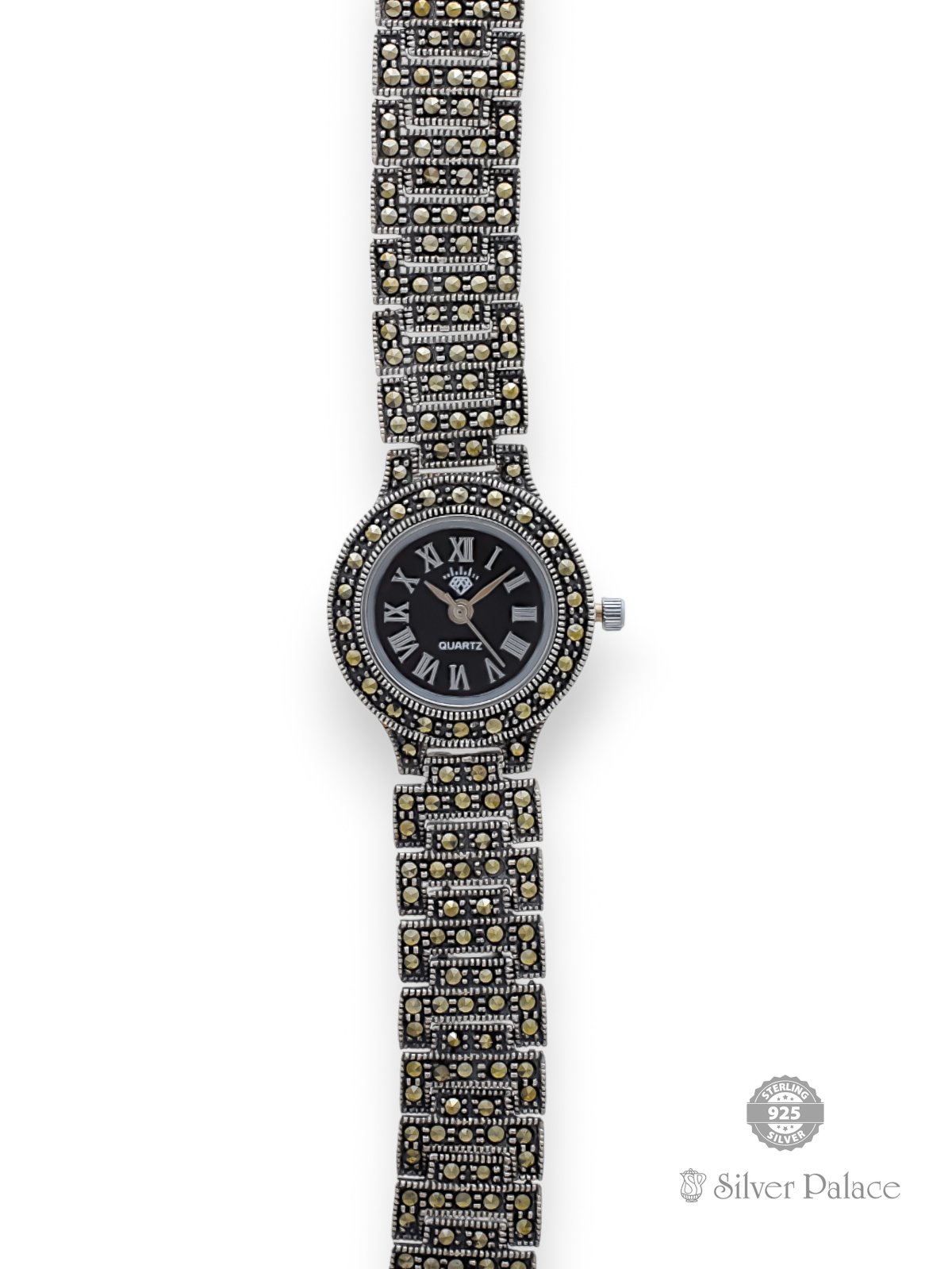 925 OXIDISED SILVER MARCA STONES WITH BLUE DIAL WATCH FOR GIRLS