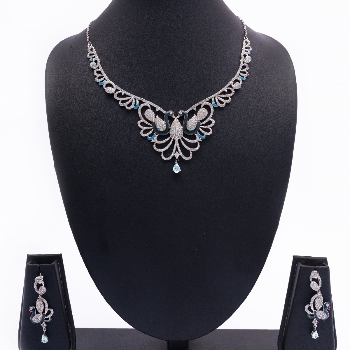 92.5 SILVER ENAMELLED DOUBLE PEACOCK NECKLACE WITH EARRINGS 