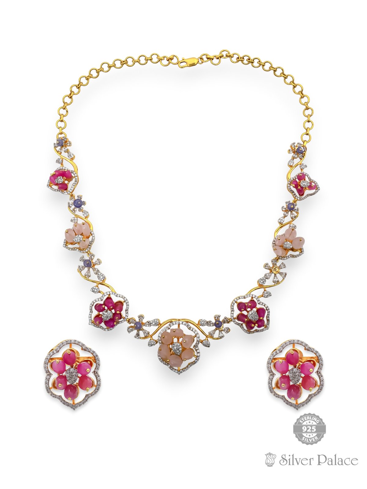 925 SILVER GOLD POLISHED CZ WITH BEADS DESIGN NECKLACE FOR WOMEN ANITE COLLECTION 