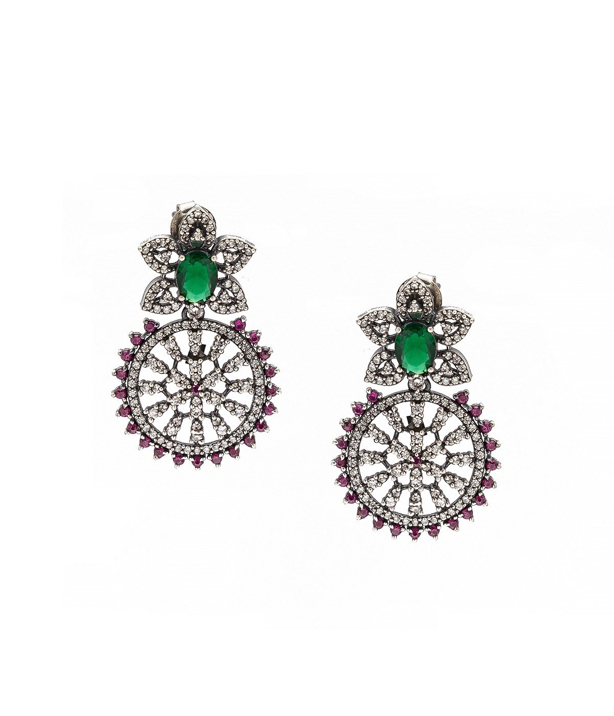 OXIDISED SILVER STONE STUDDED ROUND EARRINGS FOR GIRLS