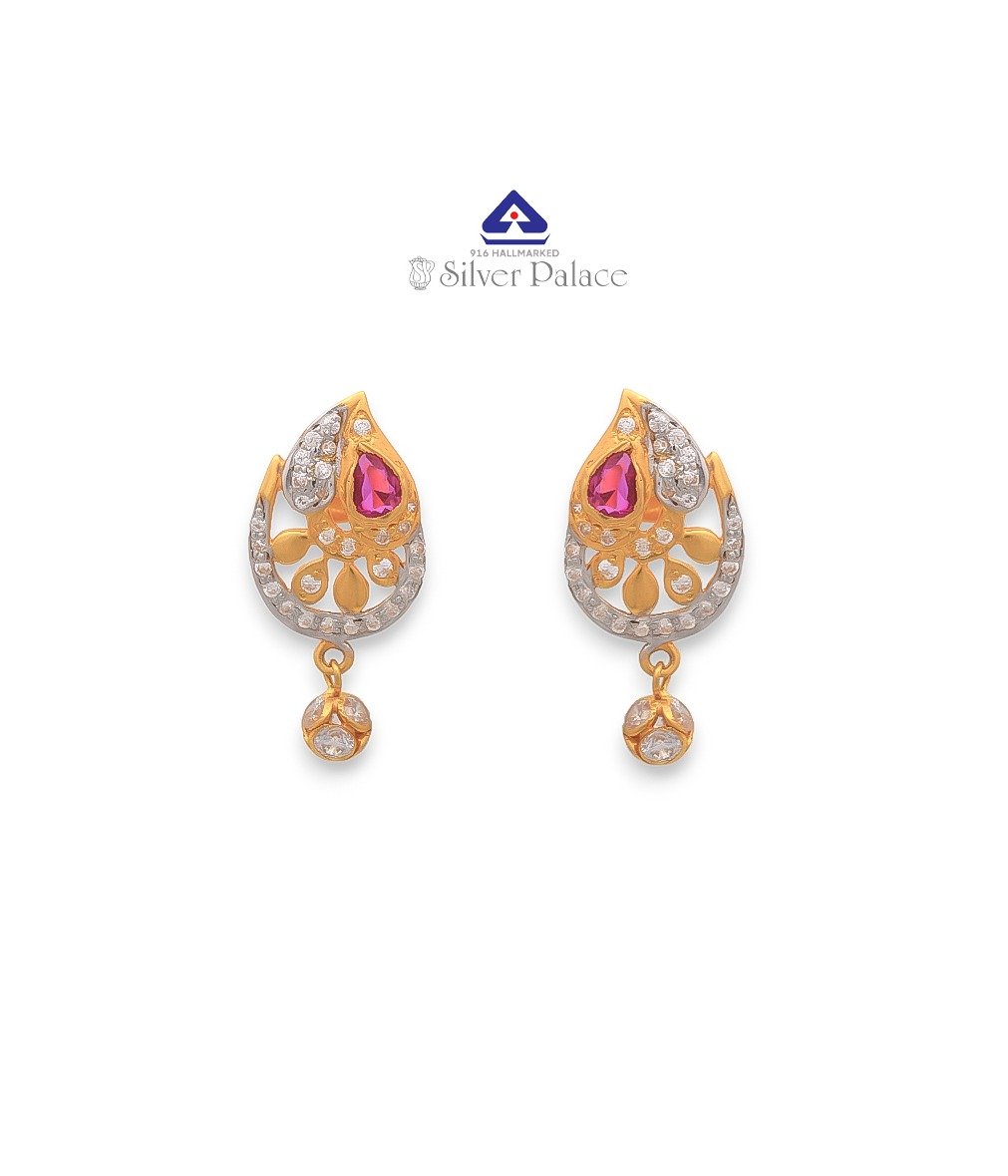 Kanche Collections 916 Pure Gold Fancy Design with Drop Shape & CZ Stone Studedd Earr Hoops  For Girls