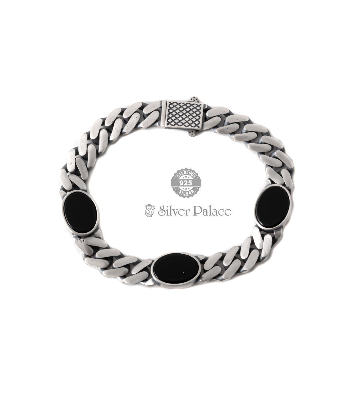  925 Sterling Silver Cuban Link Black Oval Agate Bracelet 