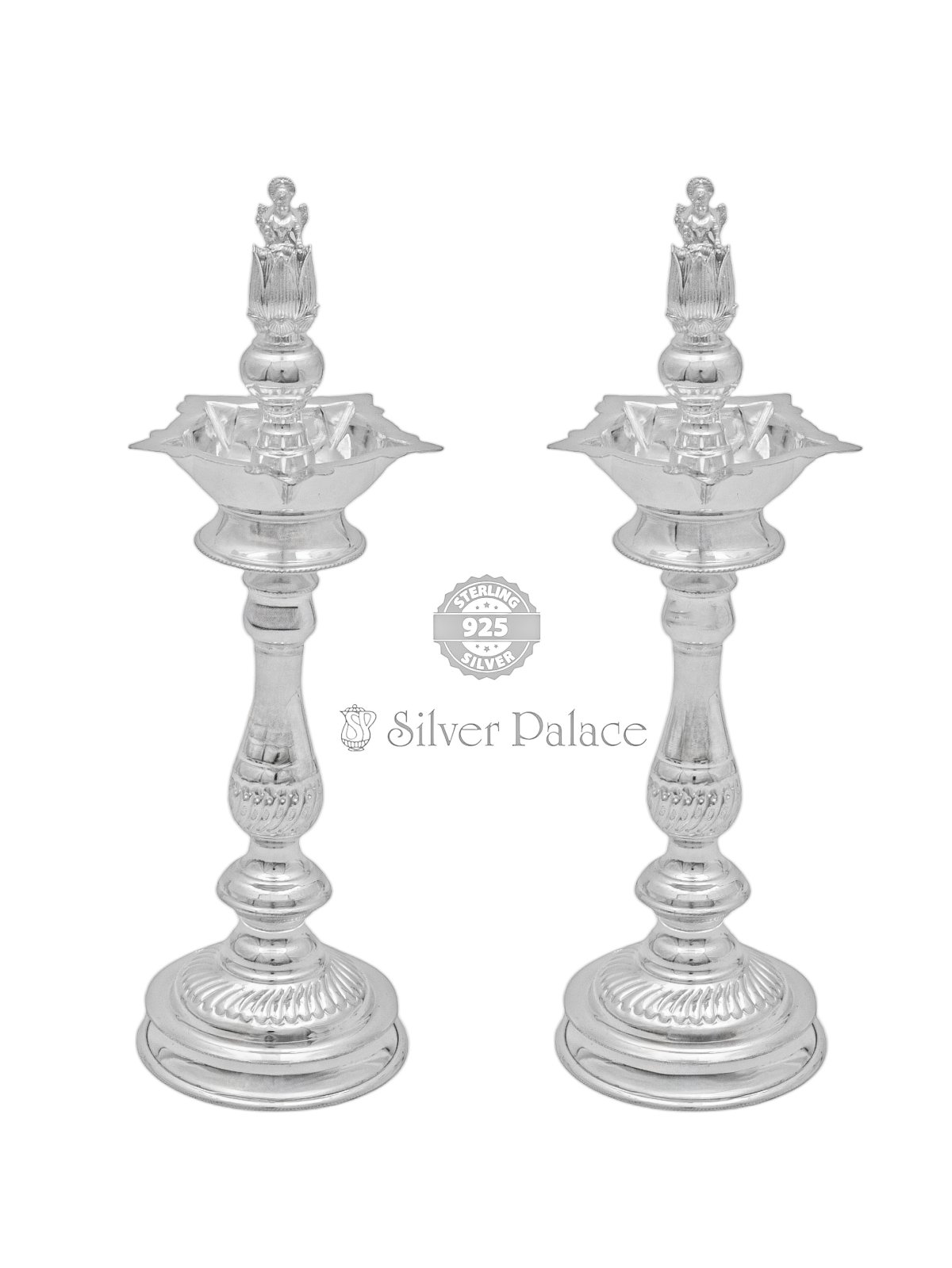 925 SILVER KUTHU VILAKKU IN LOTUS AND LAKSHMI DESIGN FOR POOJA
