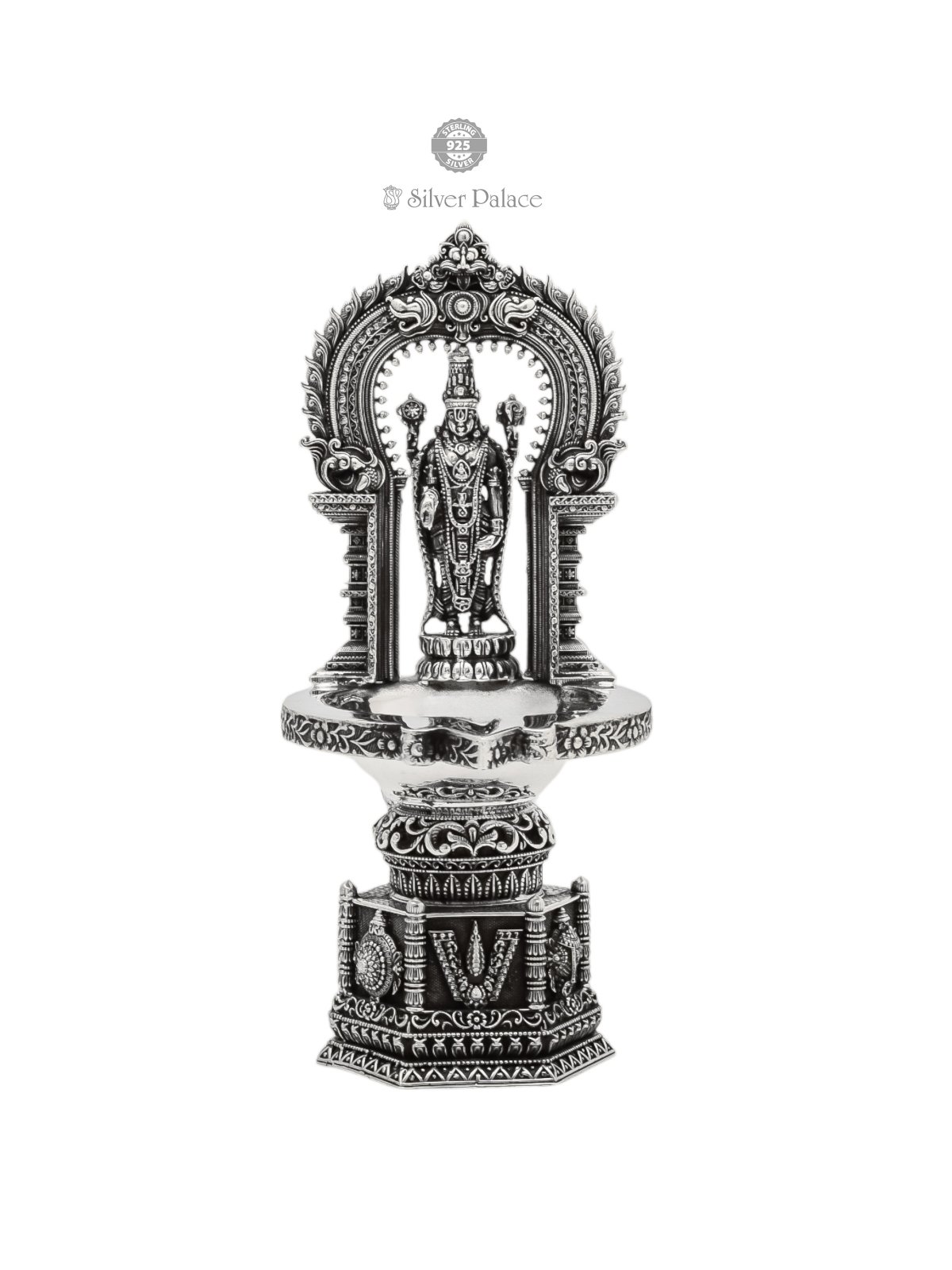 925 ANTIC SILVER VISHNU LAMP WITH SANGU SAKKARAM NAMAM BASE LAMP 