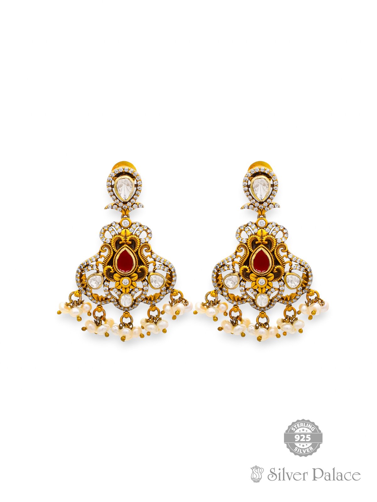 925 SILVER GOLD POLISHED ANTIC MOISSANITE STONE WITH BEADS DESIGN EARRING ANITE COLLECTION 