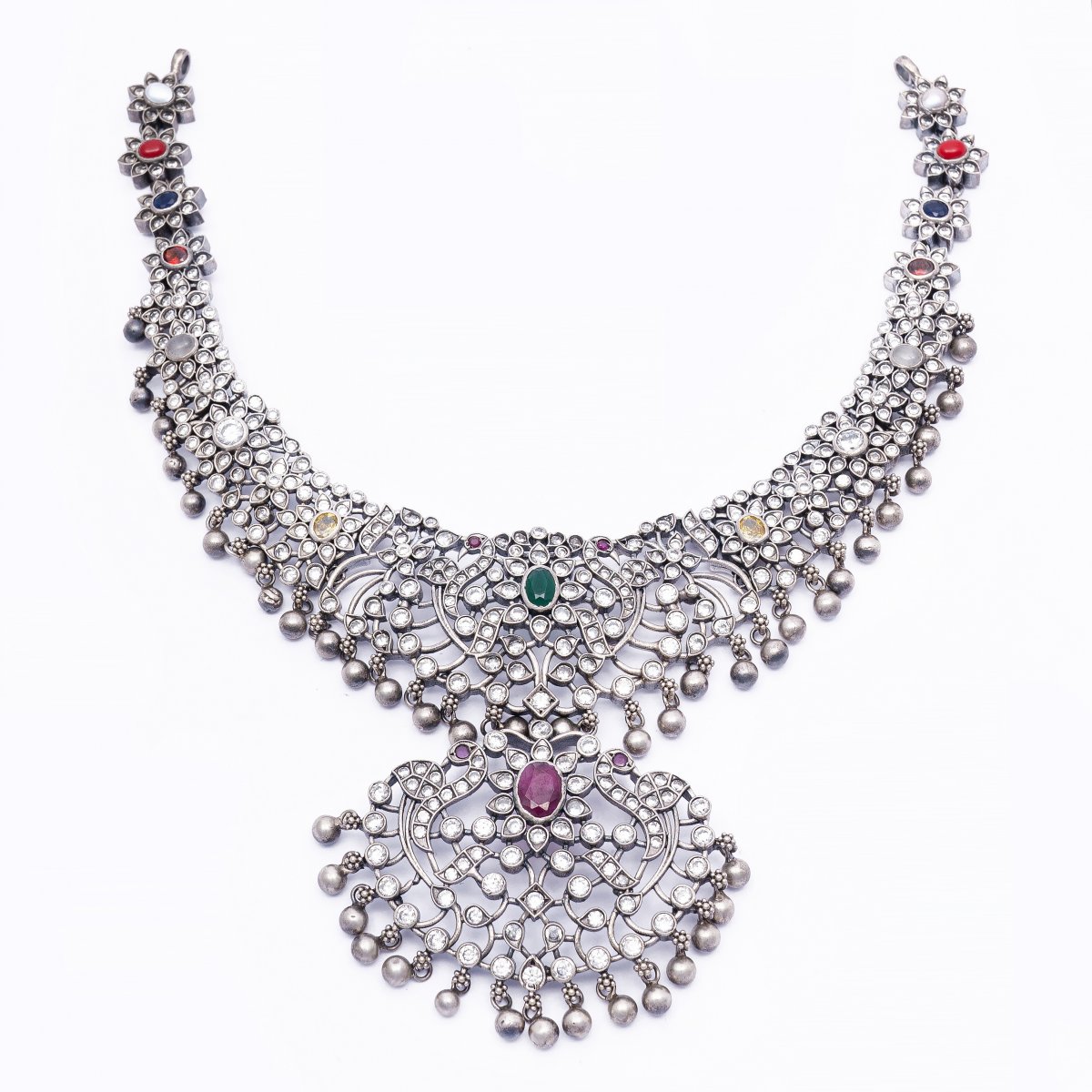 92.5 SILVER NAVRT SOUTH INDIAN TRADITIONAL NECKLACE FOR WOMEN 