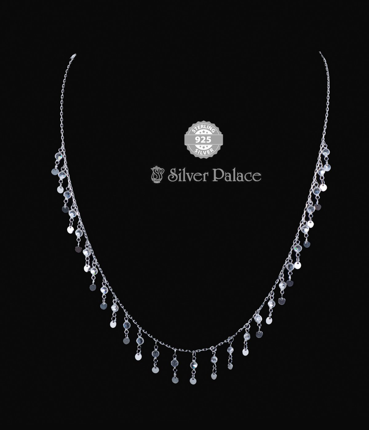 92.5 STERLING SILVER Round Stone Dangle Fringe Chain For Girls and Women