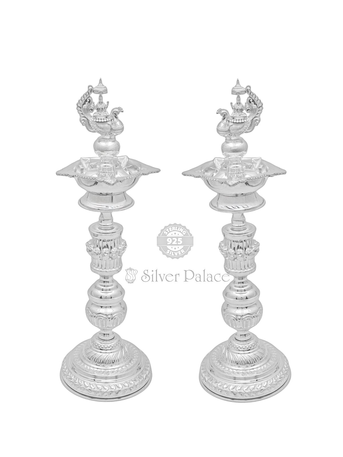 925 SILVER KUTHU VILAKKU WITH LAKSHMI SITTING IN PEACOCK 