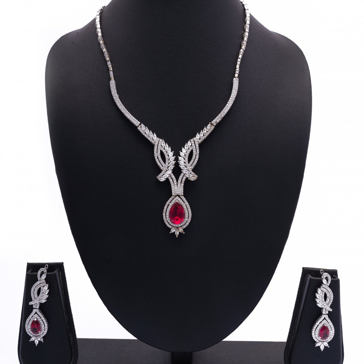 RHODIUM POLISH ED PURE SILVER RED STONE DIAMOND NECKLACE JEWELLERY SET FOR MOTHER 