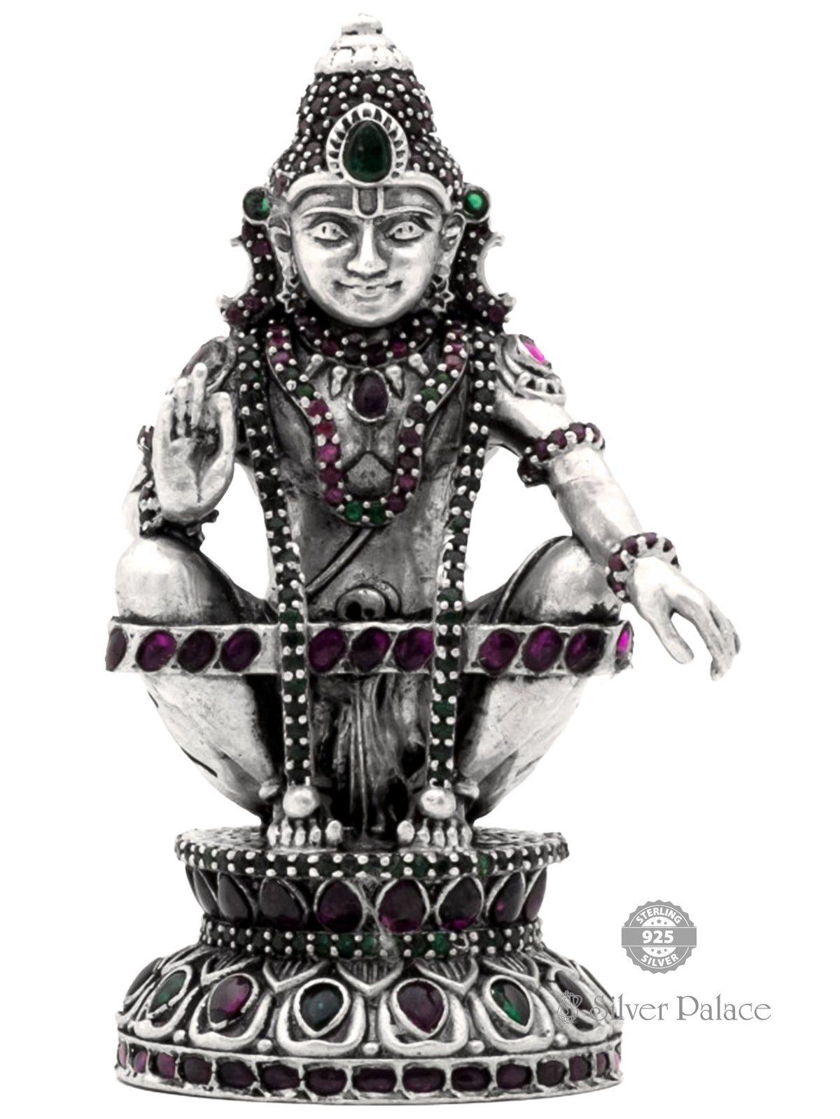 ANTIC FINISH 925 SILVER AYYAPPAN  IDOL WITH RUBY-EMERALD