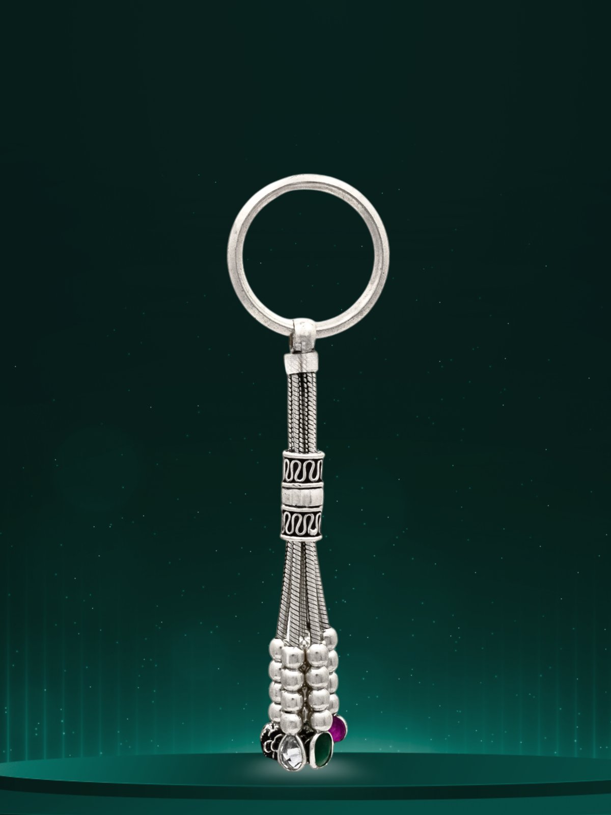 925 ANTIC SILVER CUT STONE WITH SILVER BEADS HANGING KEY RINGS