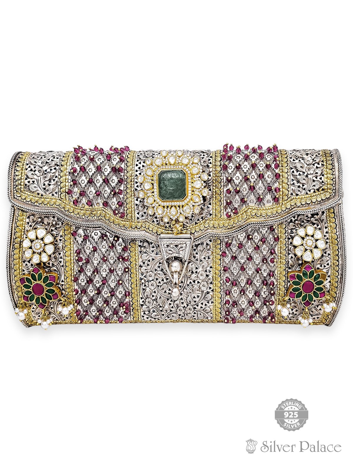 925 SILVER GOLD POLISHED WITH COLORFULL BEADS DESIGN PURSE FOR LADIES