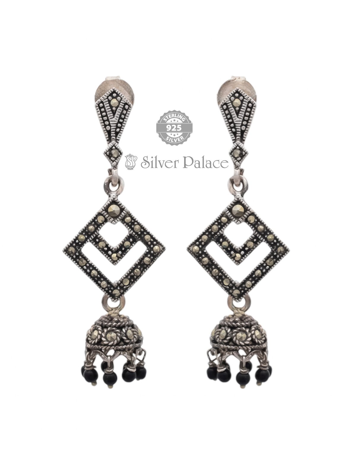 925 OXIDISED SILVER SQUARE SHAPE & BLACK BEADS JHUMKAA FOR GIRLS PRITE COLLECTION 