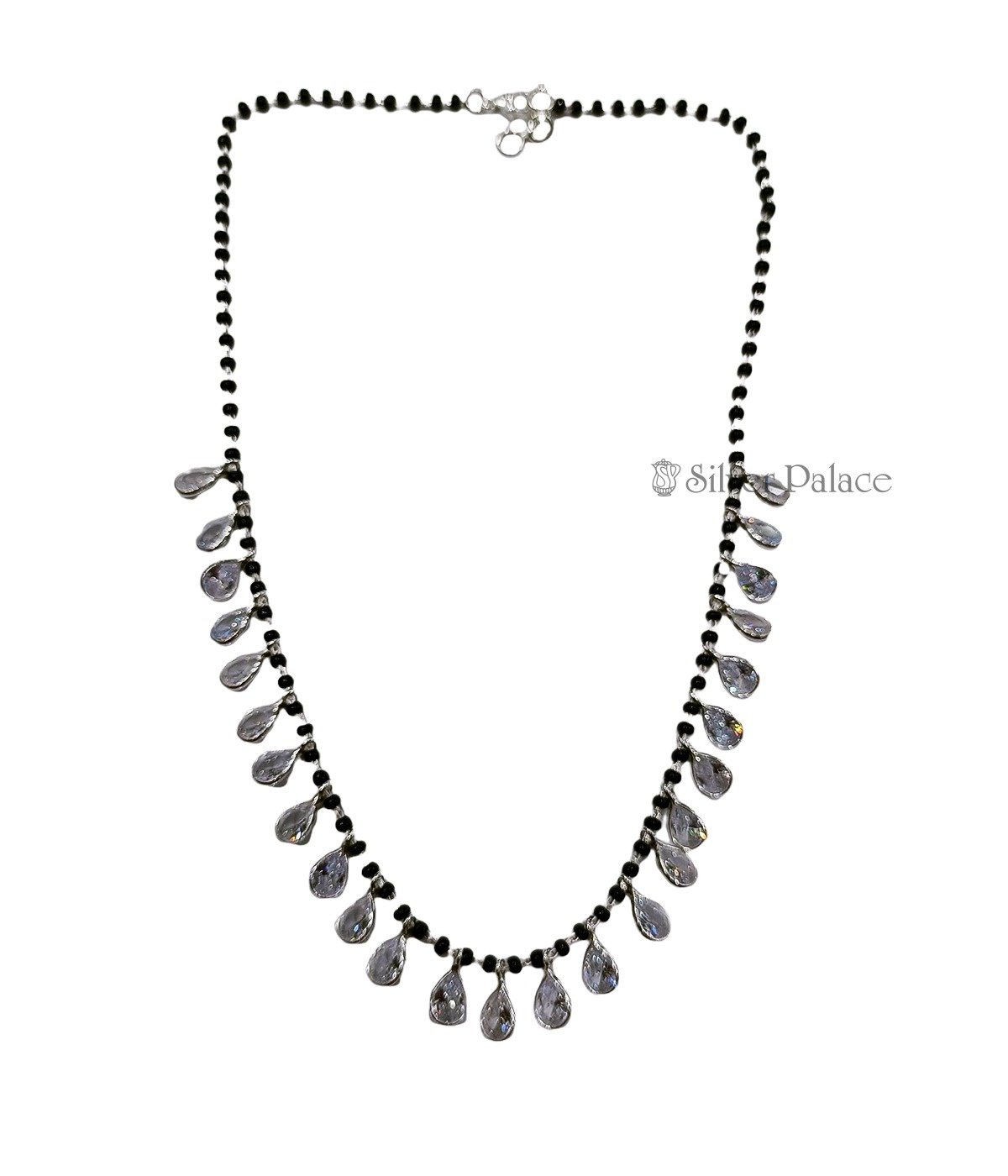 STERLING SILVER BLACK BEADED MANGALSUTRA WHITE STONE