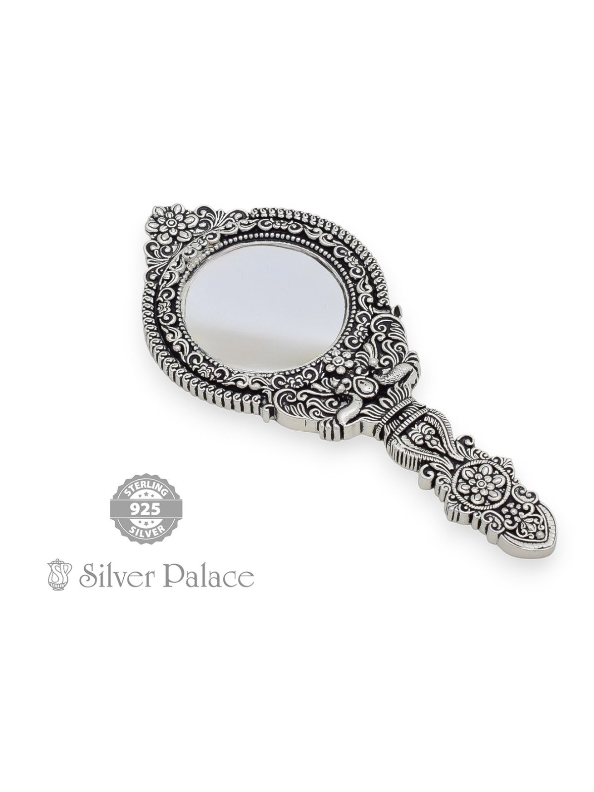 925 OXIDISED SILVER PEACOCK WITH FLORAL DESIGN HAND MIRROR