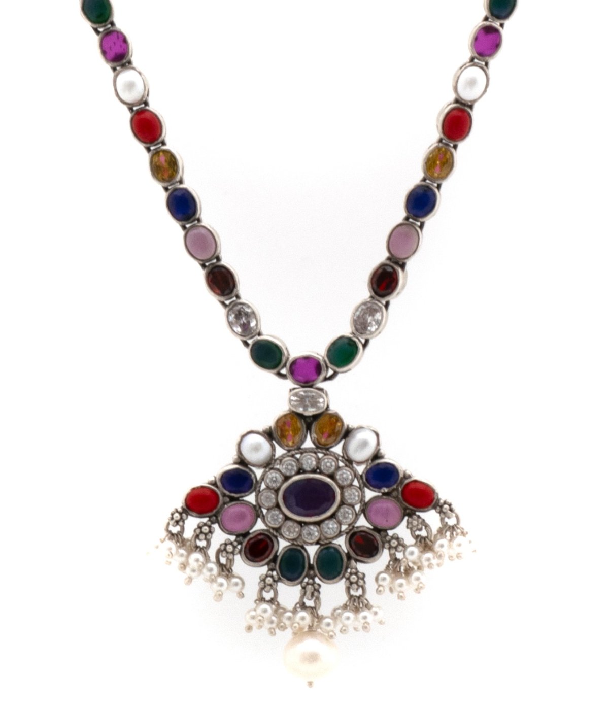 Sterling Silver Navaratna Necklace (oxidised) - Silver Palace