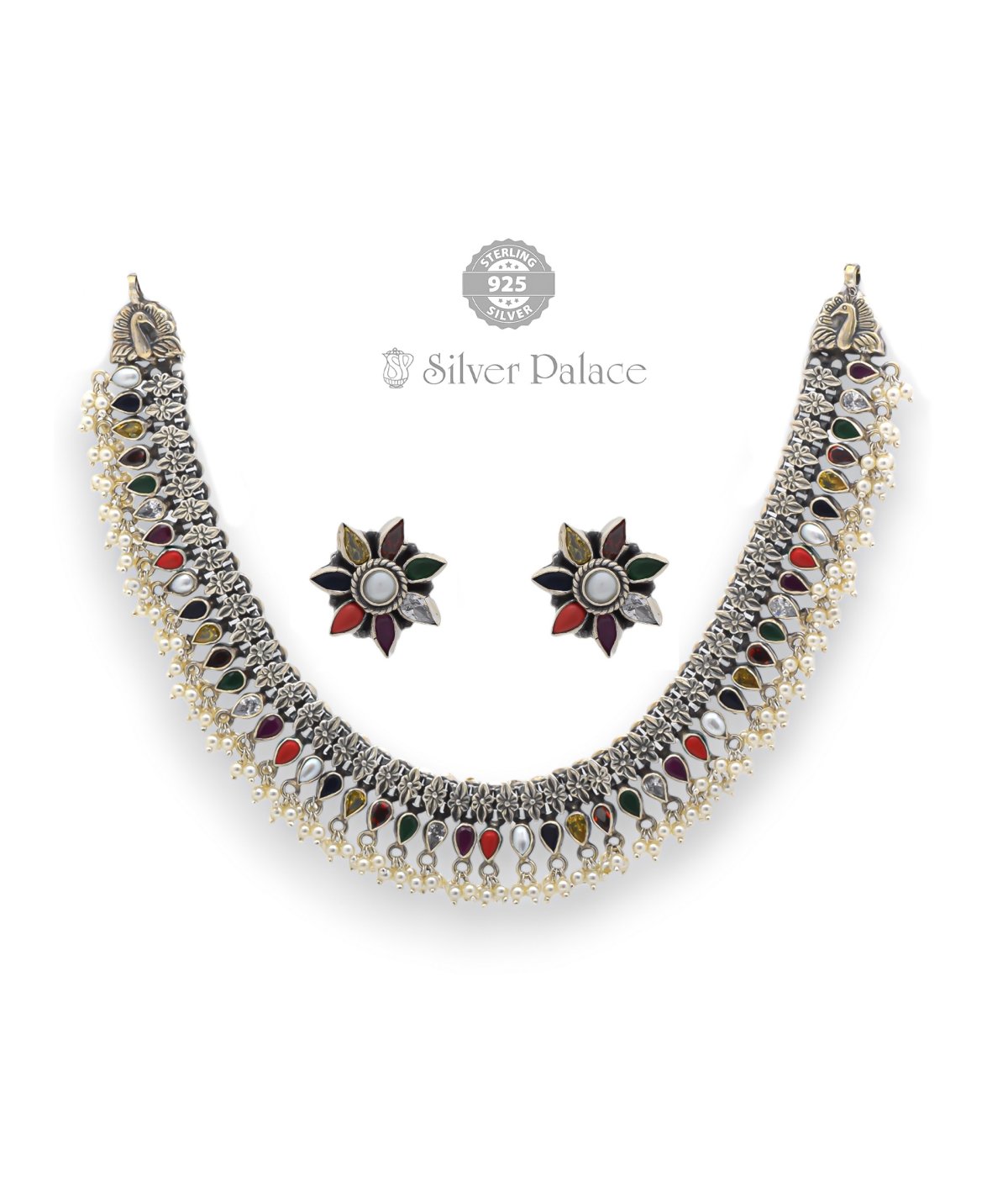 925 SILVER MULTI COLOR  WITH TRENDY PARTY SILVER CHOKER 