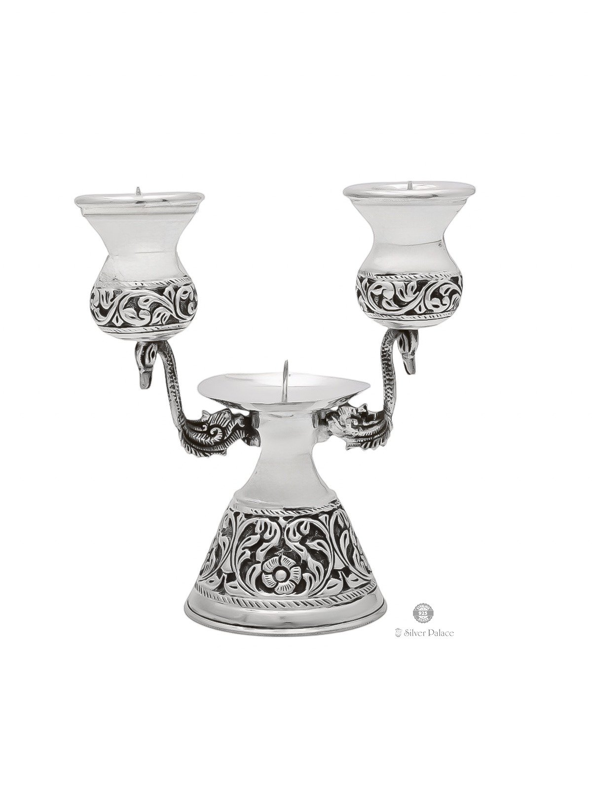 925 OXIDISED SILVER FLORAL DESIGN 3 COMPARTMENT CANDLE HOLDER