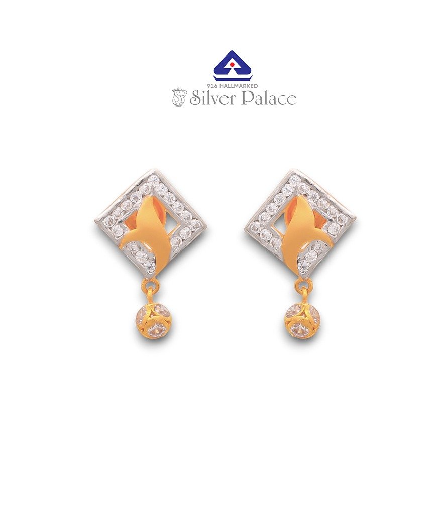 916 Pure Gold with Kanche Collection Diamond Shape CZ stone Studded  Earrings for Girls