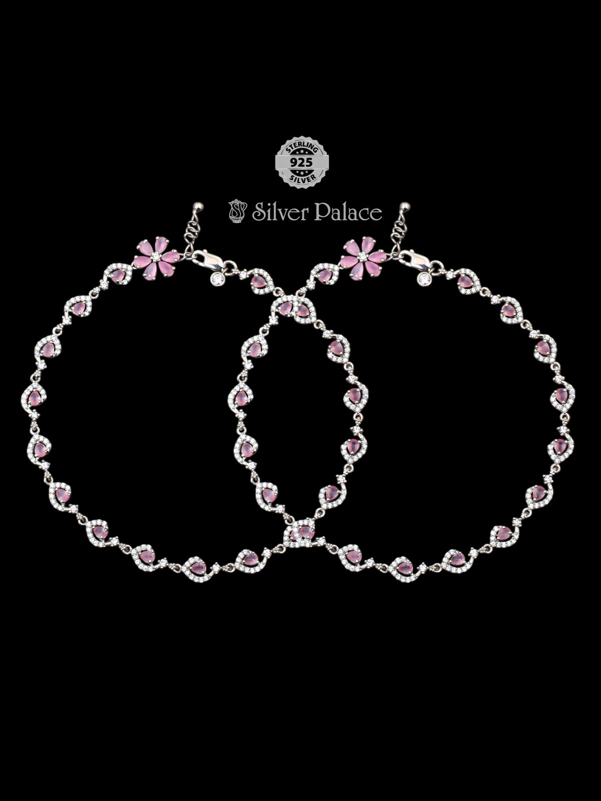 925 SILVER FLORAL DESIGN WITH WHITE AND PINK STONE ANKLETS FOR GIRLS PUYA COLLECTION