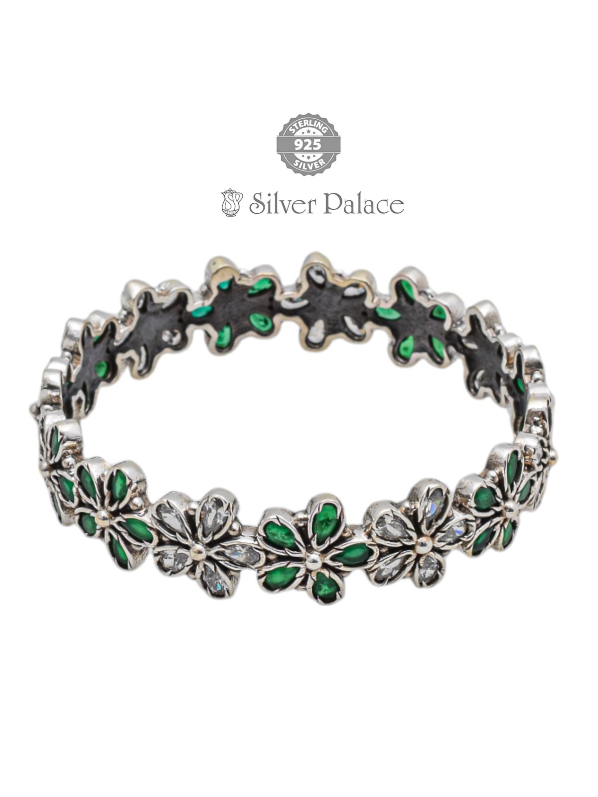 925 OXIDISED SILVER GREEN AND WHITE FLORAL DESIGN KADA FOR GIRLS MANNJ COLLECTION