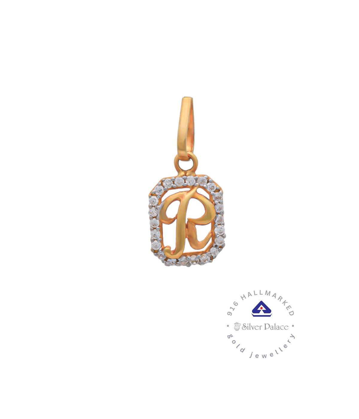 Kanche Collections Gold 916 purity Square Shape With  R Letter & CZ Stone Studded Gold  Pendent for Daily wear