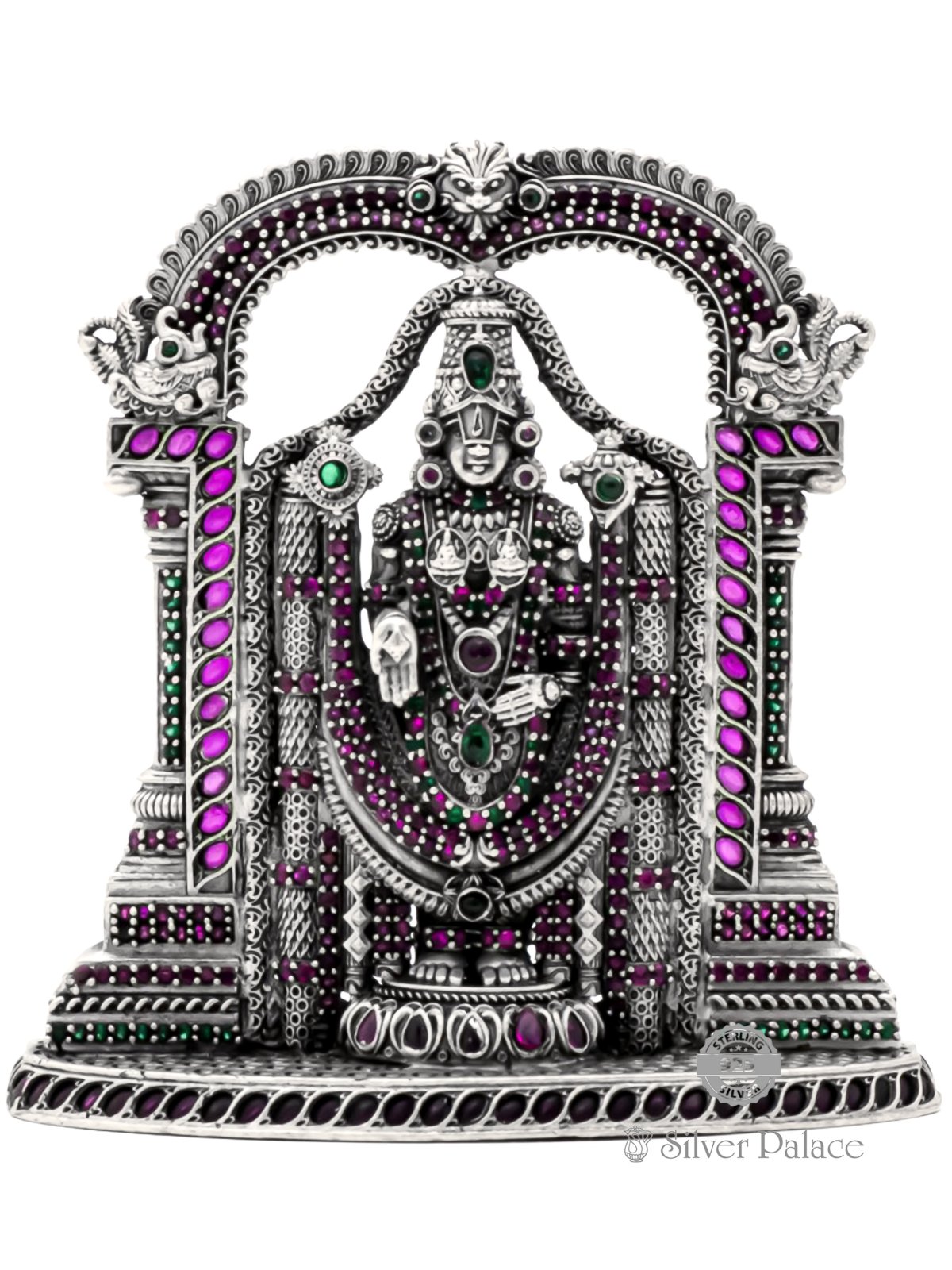 ANTIC FINISH 925 SILVER VENKATESWARA IDOL  WITH RUBY EMERALD 