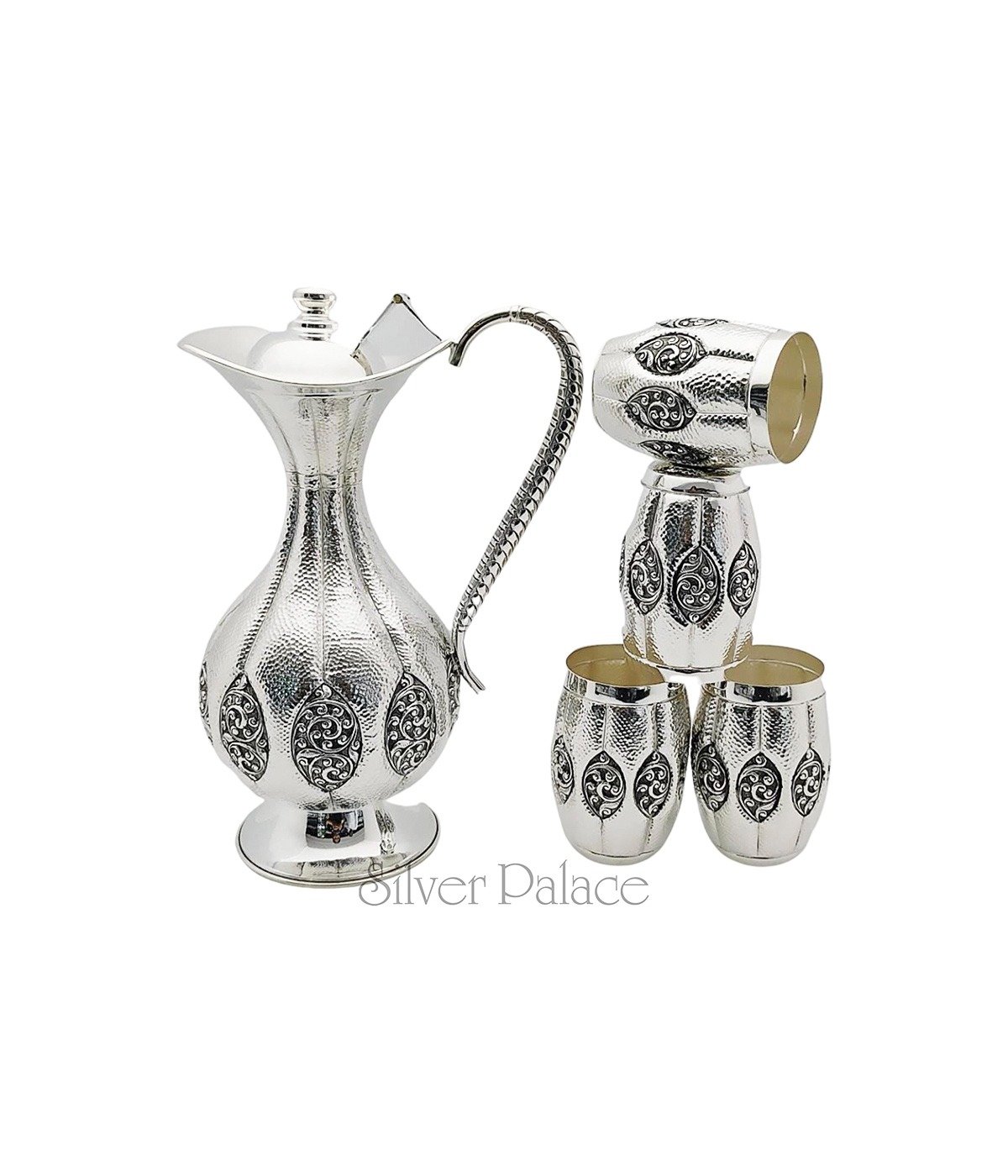 92.5 OXIDISED SILVER PUMPKIN SHAPED WATER JUG AND TUMBLERS FOR SERVING 