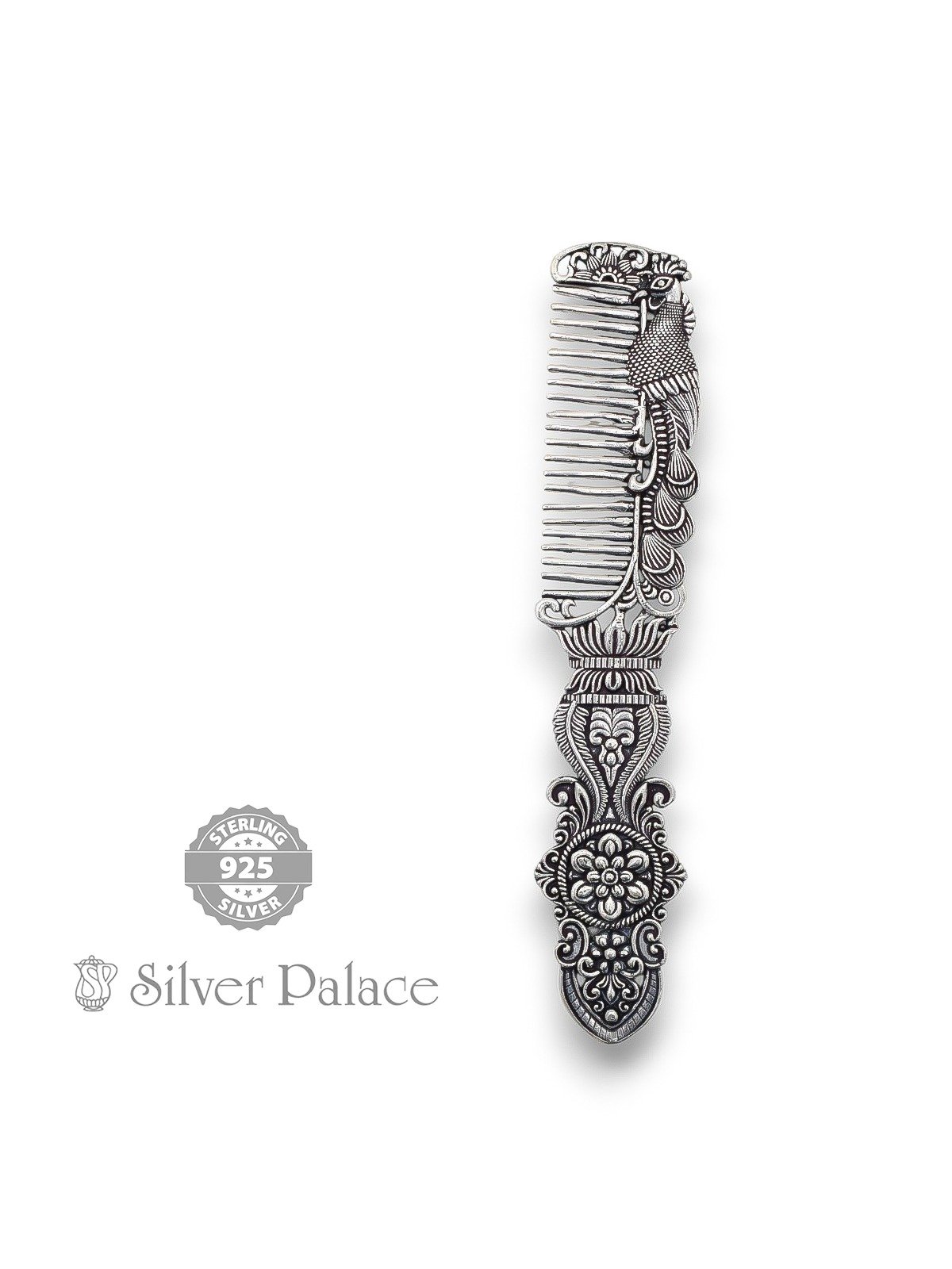 925 oxidised silver peacock with floral design hair comb 