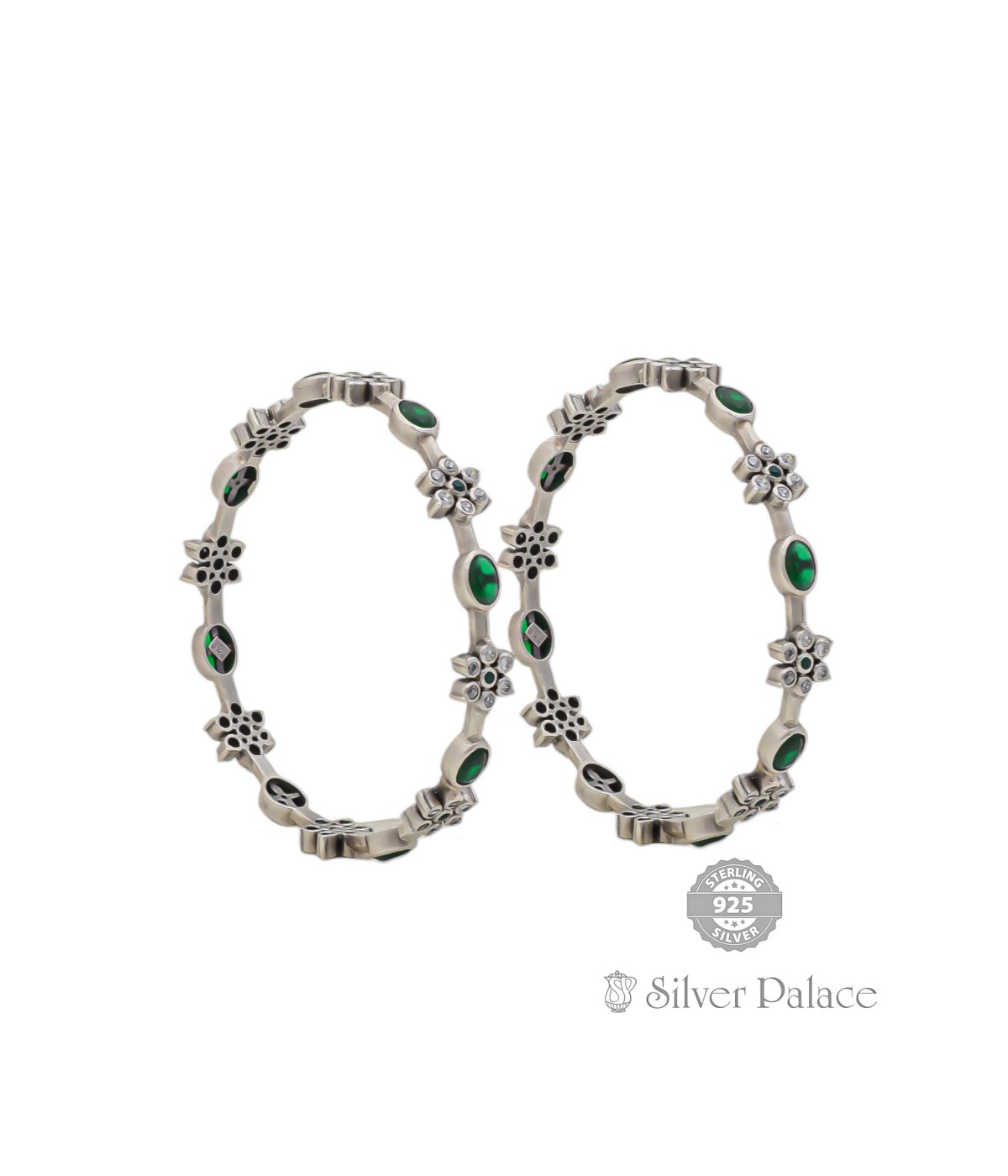 925 STERLING SILVER FLORAL DESIGN WITH CZ , GREEN STONE  STUDDED BANGLES FOR GIRLS