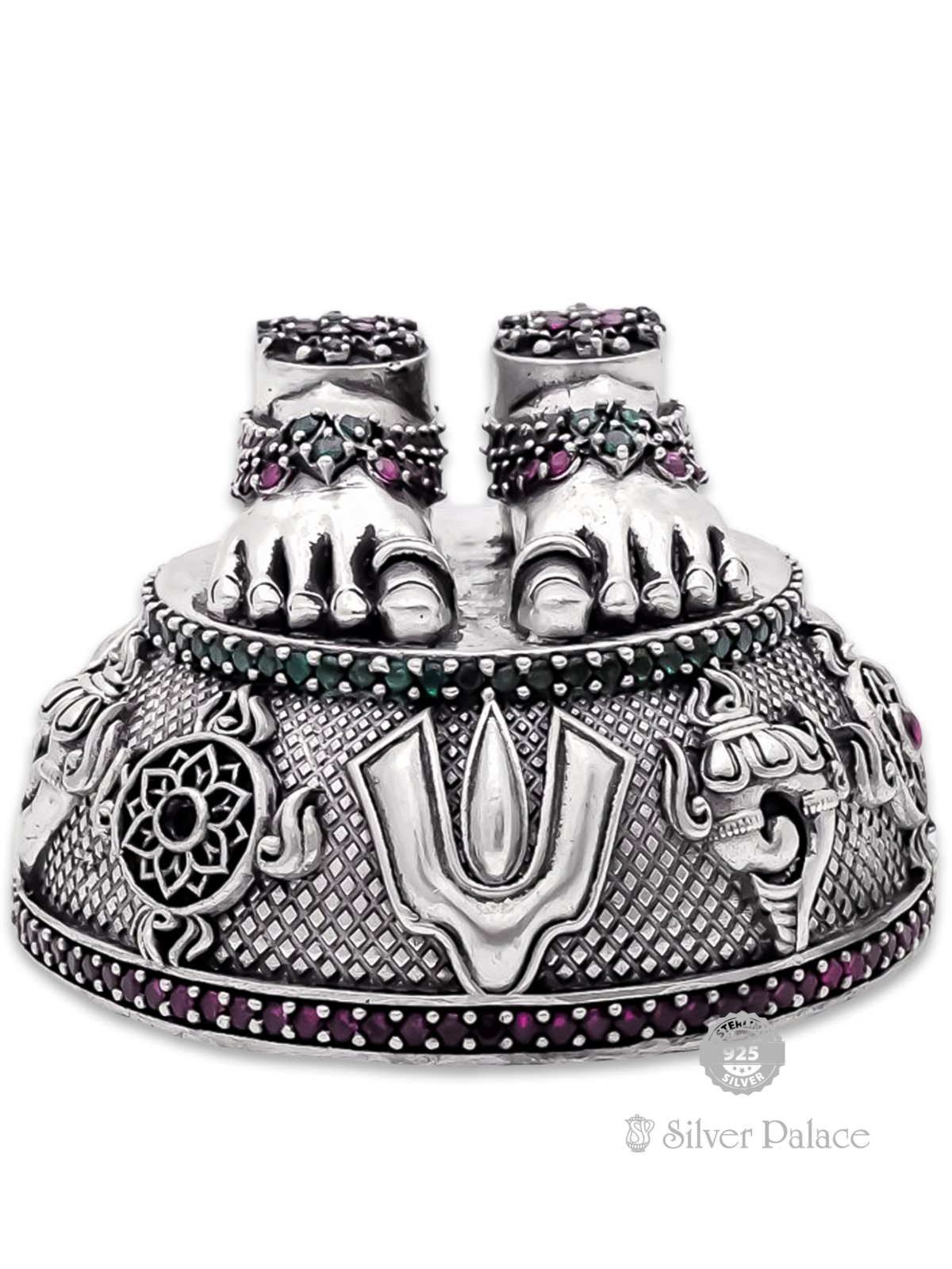 925 OXIDISED SILVER PINK & GREEN STONE PERUMAL PATHAM 
